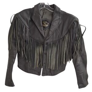 Cevi's Exclusive Gray Leather Fringe Western Jacket Cropped Made‎ Mexico Medium